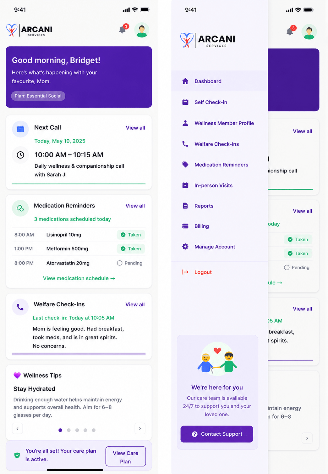 Sneak peek at your Arcani family dashboard showing call summaries and wellness data