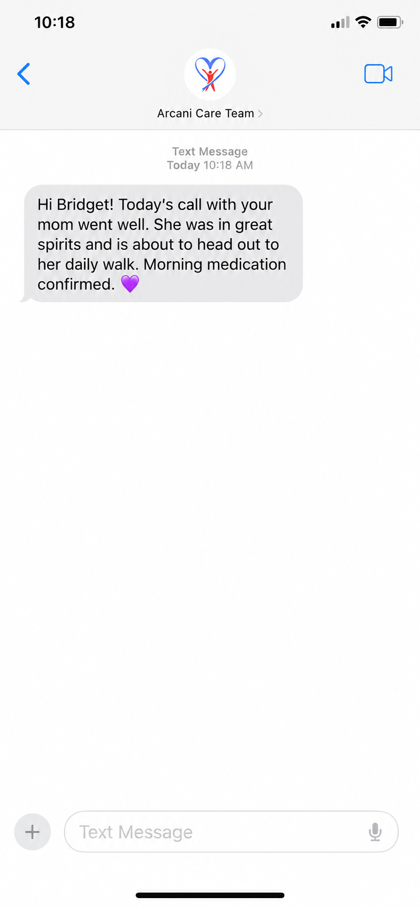 Example text message from Arcani confirming your parent's wellness call was completed